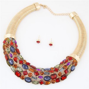 Glittering Gems Inlaid Golden Thick Chain Fashion Necklace and Earrings Set - Multicolor