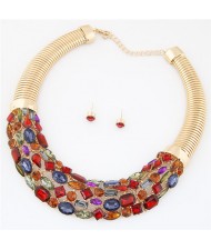 Glittering Gems Inlaid Golden Thick Chain Fashion Necklace and Earrings Set - Multicolor