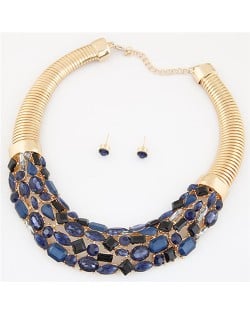 Glittering Gems Inlaid Golden Thick Chain Fashion Necklace and Earrings Set - Blue