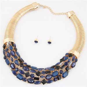 Glittering Gems Inlaid Golden Thick Chain Fashion Necklace and Earrings Set - Blue