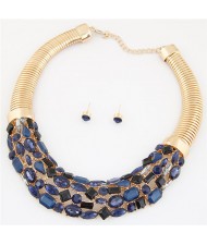 Glittering Gems Inlaid Golden Thick Chain Fashion Necklace and Earrings Set - Blue
