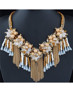 Crystal and Beads Flowers Cluster with Chain Tassel Design Fashion Necklace - Khaki