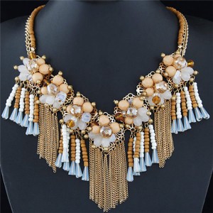Crystal and Beads Flowers Cluster with Chain Tassel Design Fashion Necklace - Khaki