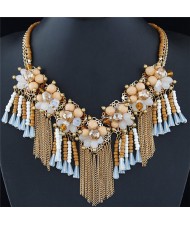 Crystal and Beads Flowers Cluster with Chain Tassel Design Fashion Necklace - Khaki