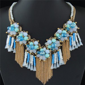 Crystal and Beads Flowers Cluster with Chain Tassel Design Fashion Necklace - Blue