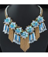 Crystal and Beads Flowers Cluster with Chain Tassel Design Fashion Necklace - Blue