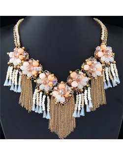 Crystal and Beads Flowers Cluster with Chain Tassel Design Fashion Necklace - Light Orange