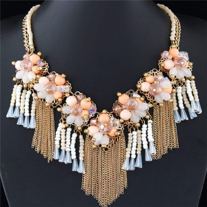 Crystal and Beads Flowers Cluster with Chain Tassel Design Fashion Necklace - Light Orange