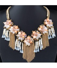 Crystal and Beads Flowers Cluster with Chain Tassel Design Fashion Necklace - Light Orange