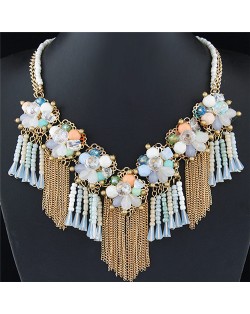 Crystal and Beads Flowers Cluster with Chain Tassel Design Fashion Necklace - White