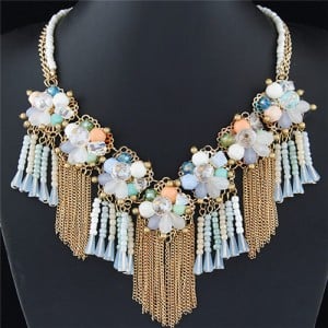 Crystal and Beads Flowers Cluster with Chain Tassel Design Fashion Necklace - White