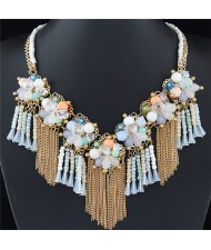 Crystal and Beads Flowers Cluster with Chain Tassel Design Fashion Necklace - White