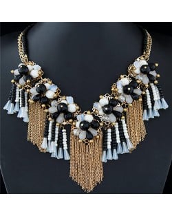 Crystal and Beads Flowers Cluster with Chain Tassel Design Fashion Necklace - Black