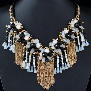 Crystal and Beads Flowers Cluster with Chain Tassel Design Fashion Necklace - Black