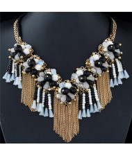 Crystal and Beads Flowers Cluster with Chain Tassel Design Fashion Necklace - Black