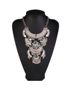 Rhinestone Floral Pattern Vintage Arches Design Alloy Costume Necklace - Silver