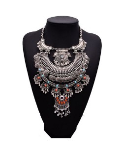 Gems Decorated Floral Pattern Hollow Multi-layer Arches Design Costume Necklace - Silver with Multicolor Gem