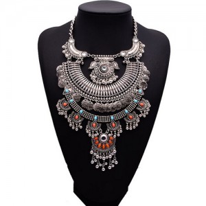 Gems Decorated Floral Pattern Hollow Multi-layer Arches Design Costume Necklace - Silver with Multicolor Gem