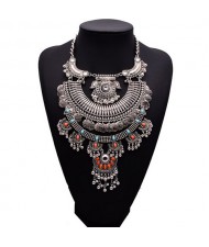 Gems Decorated Floral Pattern Hollow Multi-layer Arches Design Costume Necklace - Silver with Multicolor Gem