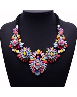 Resin Gems Mingled Complex Flowers Cluster Design Bold Fashion Costume Necklace - Multicolor