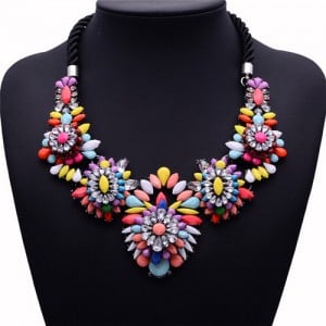 Resin Gems Mingled Complex Flowers Cluster Design Bold Fashion Costume Necklace - Multicolor