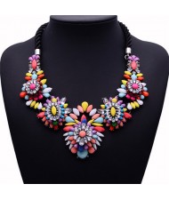 Resin Gems Mingled Complex Flowers Cluster Design Bold Fashion Costume Necklace - Multicolor