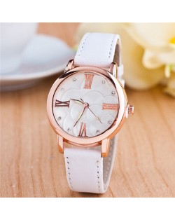 Graceful Golden Rim Roman Character Luminous Hands Design Leather Fashion Watch - White