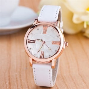 Graceful Golden Rim Roman Character Luminous Hands Design Leather Fashion Watch - White