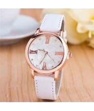 Graceful Golden Rim Roman Character Luminous Hands Design Leather Fashion Watch - White