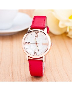 Graceful Golden Rim Roman Character Luminous Hands Design Leather Fashion Watch - Red