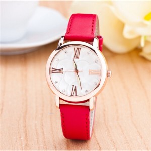 Graceful Golden Rim Roman Character Luminous Hands Design Leather Fashion Watch - Red