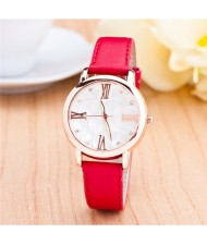 Graceful Golden Rim Roman Character Luminous Hands Design Leather Fashion Watch - Red