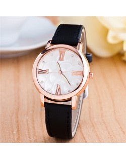 Graceful Golden Rim Roman Character Luminous Hands Design Leather Fashion Watch - Black