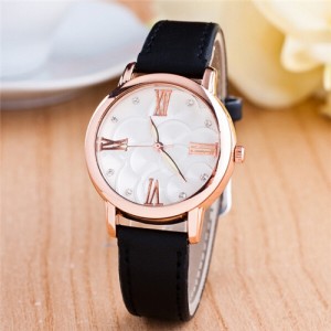 Graceful Golden Rim Roman Character Luminous Hands Design Leather Fashion Watch - Black