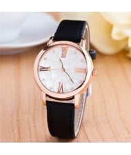 Graceful Golden Rim Roman Character Luminous Hands Design Leather Fashion Watch - Black