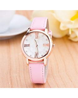 Graceful Golden Rim Roman Character Luminous Hands Design Leather Fashion Watch - Pink