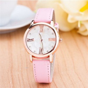 Graceful Golden Rim Roman Character Luminous Hands Design Leather Fashion Watch - Pink