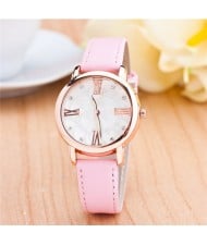 Graceful Golden Rim Roman Character Luminous Hands Design Leather Fashion Watch - Pink