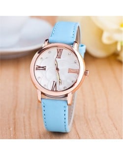 Graceful Golden Rim Roman Character Luminous Hands Design Leather Fashion Watch - Light Blue