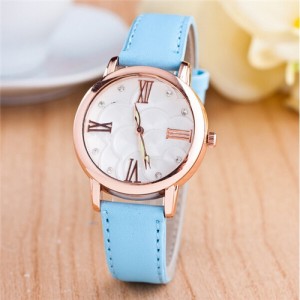 Graceful Golden Rim Roman Character Luminous Hands Design Leather Fashion Watch - Light Blue