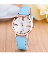 Graceful Golden Rim Roman Character Luminous Hands Design Leather Fashion Watch - Light Blue