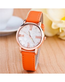 Graceful Golden Rim Roman Character Luminous Hands Design Leather Fashion Watch - Orange