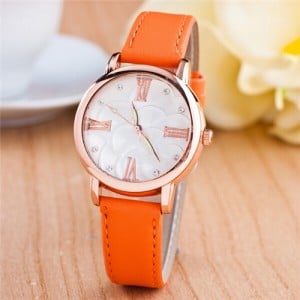 Graceful Golden Rim Roman Character Luminous Hands Design Leather Fashion Watch - Orange