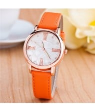 Graceful Golden Rim Roman Character Luminous Hands Design Leather Fashion Watch - Orange