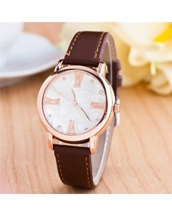 Graceful Golden Rim Roman Character Luminous Hands Design Leather Fashion Watch - Coffee