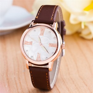 Graceful Golden Rim Roman Character Luminous Hands Design Leather Fashion Watch - Coffee