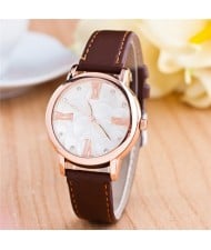 Graceful Golden Rim Roman Character Luminous Hands Design Leather Fashion Watch - Coffee