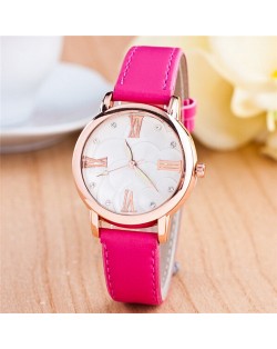 Graceful Golden Rim Roman Character Luminous Hands Design Leather Fashion Watch - Rose