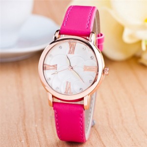 Graceful Golden Rim Roman Character Luminous Hands Design Leather Fashion Watch - Rose
