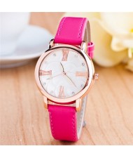 Graceful Golden Rim Roman Character Luminous Hands Design Leather Fashion Watch - Rose